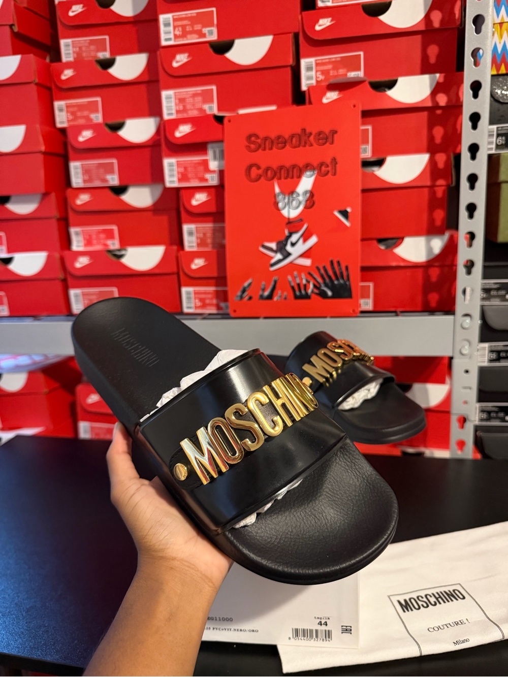 Moschino Black Slides with Gold Logo Plaque